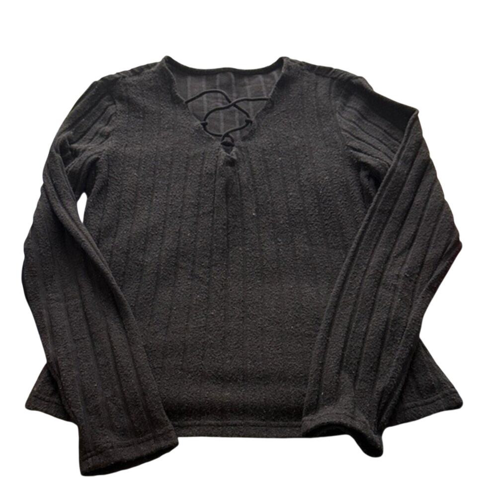 SHEIN Ribbed Knit Lace Up V-Neck Sweater Black Long Sleeve Womens‎ Top S